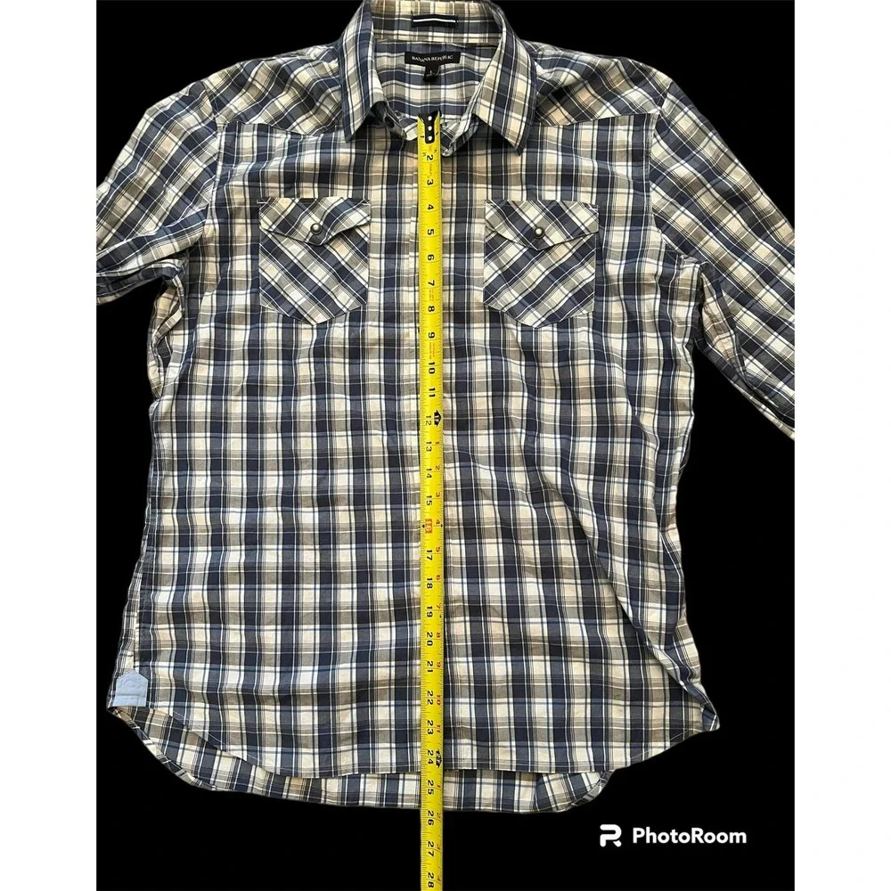 Banana Republic Men Size L Blue Windowpane Cotton Pearl Snap Long Sleeve Shirt